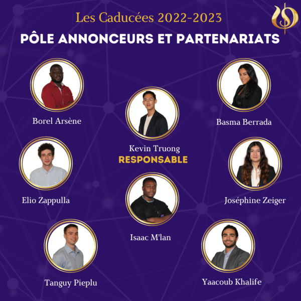 Le pôle partenariat est l'interface entre les entreprises souhaitant soutenir notre association et l'équipe des Caducées. Il travaille en étroite collaboration avec le pôle annonceurs et le pôle communication. Le pôle annonceur contacte les professionnels de l'industrie pharmaceutique afin qu'ils participent à la Nuit des Caducées en proposant leur projet de communication.