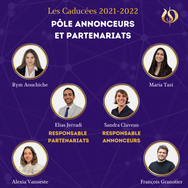 Le pôle partenariat est l'interface entre les entreprises souhaitant soutenir notre association et l'équipe des Caducées. Il travaille en étroite collaboration avec le pôle annonceurs et le pôle communication. Le pôle annonceur contacte les professionnels de l'industrie pharmaceutique afin qu'ils participent à la Nuit des Caducées en proposant leur projet de communication.